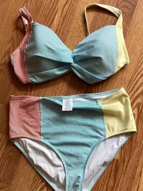 Lands' End Striped Swim Set in Turquoise, White and Aqua